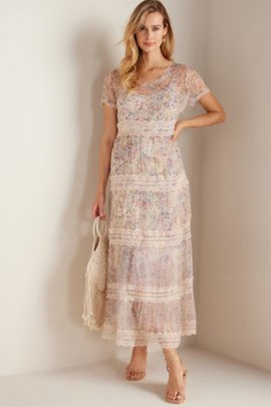 Soft Surroundings Althea Maxi Dress Boho Lace Floral Short Sleeve Women's Size 8